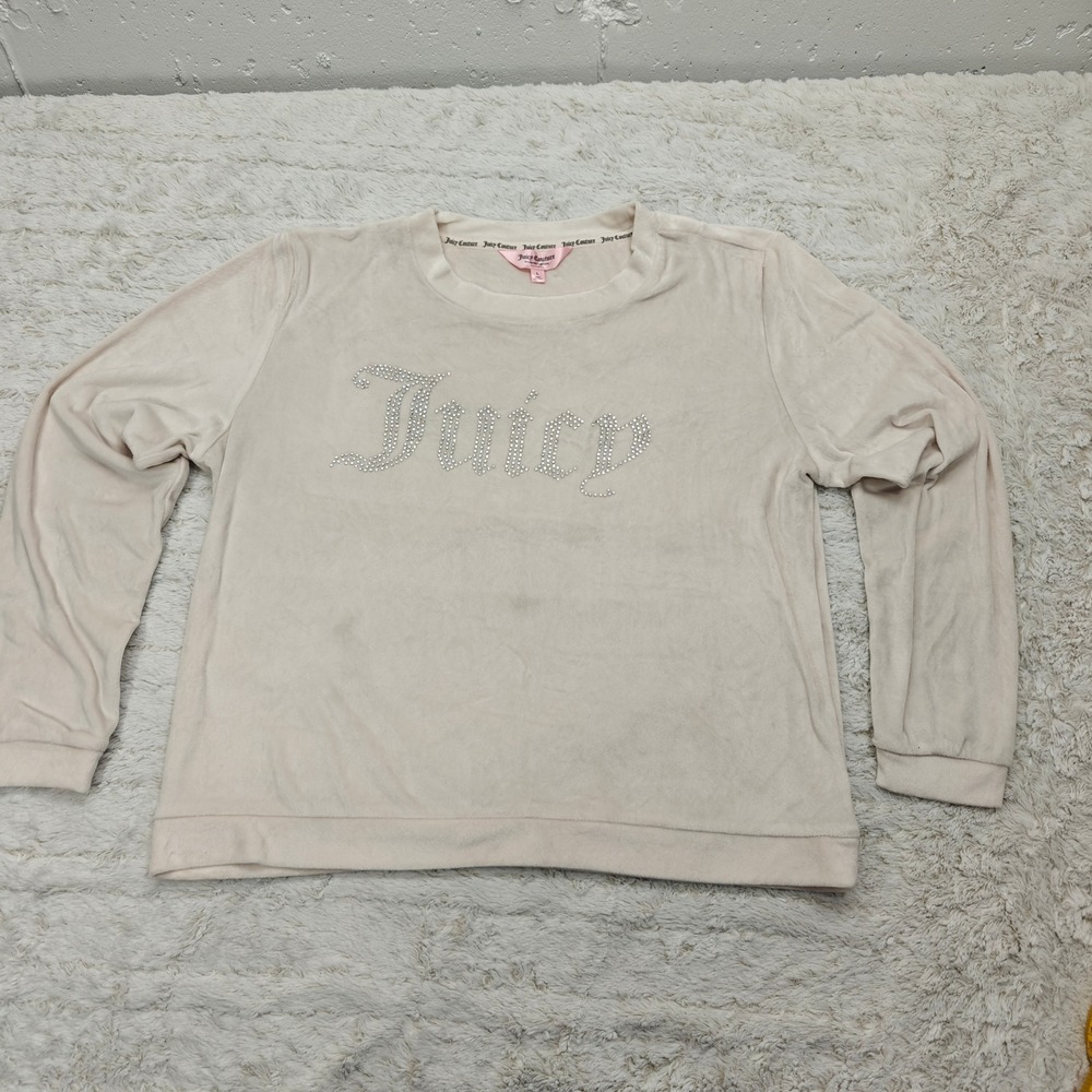 Juicy Couture Sleepwear Top Womens L Ivory‎ Velour Bling Rhinestone Long Sleeve